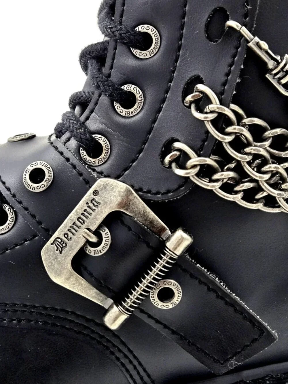 DEMONIA Bolt 250 Mens Sz 10 Black Goth Combat Biker Side Zip Buckle Chains Boots